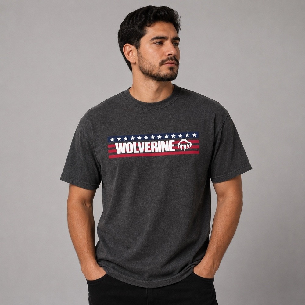 Wolverine T-Shirt  Mens Large Gray Graphic Stars Stripes Logo Patriotic USA Tee